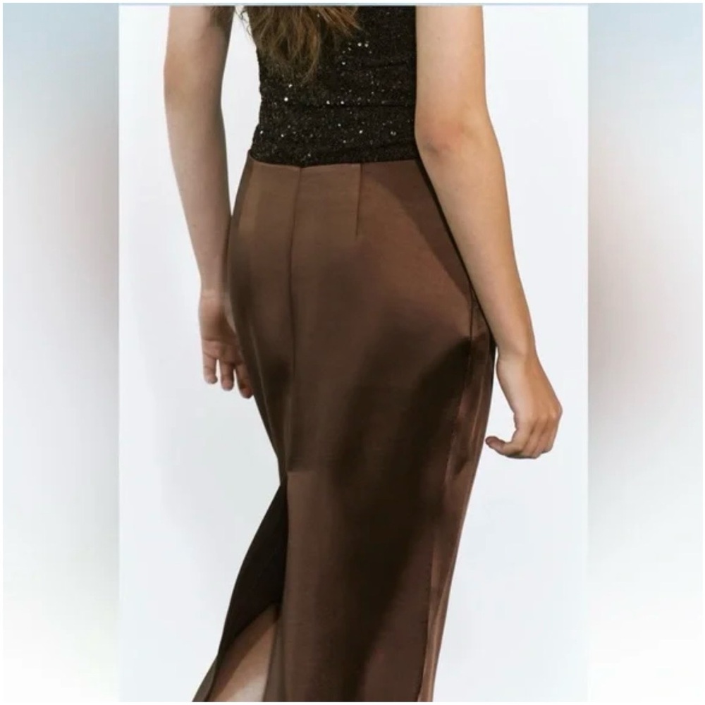 Zara Skirt Satin Midi Pencil High Waist Back Slit Brown XS NWT - Picture 4 of 14